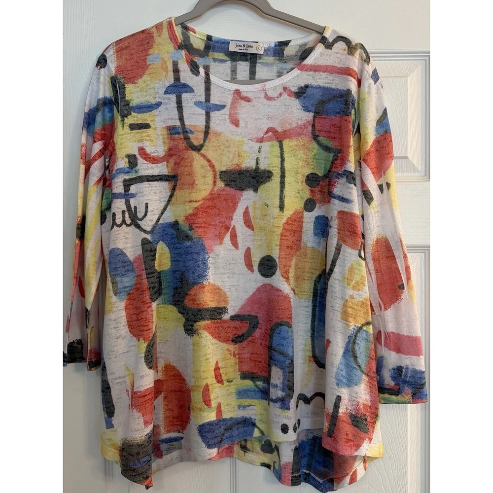 Jess &‎ Jane Sz Large Top Abstract Asymmetric 3/4 Sleeve Art To Wear Lagenlook